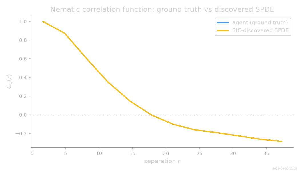 Nematic correlation function: ground truth vs discovered SPDE