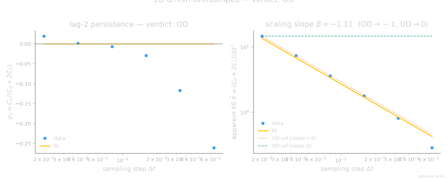 2D driven overdamped — verdict: OD, lag-2 persistence — verdict: OD, scaling slope $\beta = -1.11$  (OD$\to-1$, UD$\to0$)