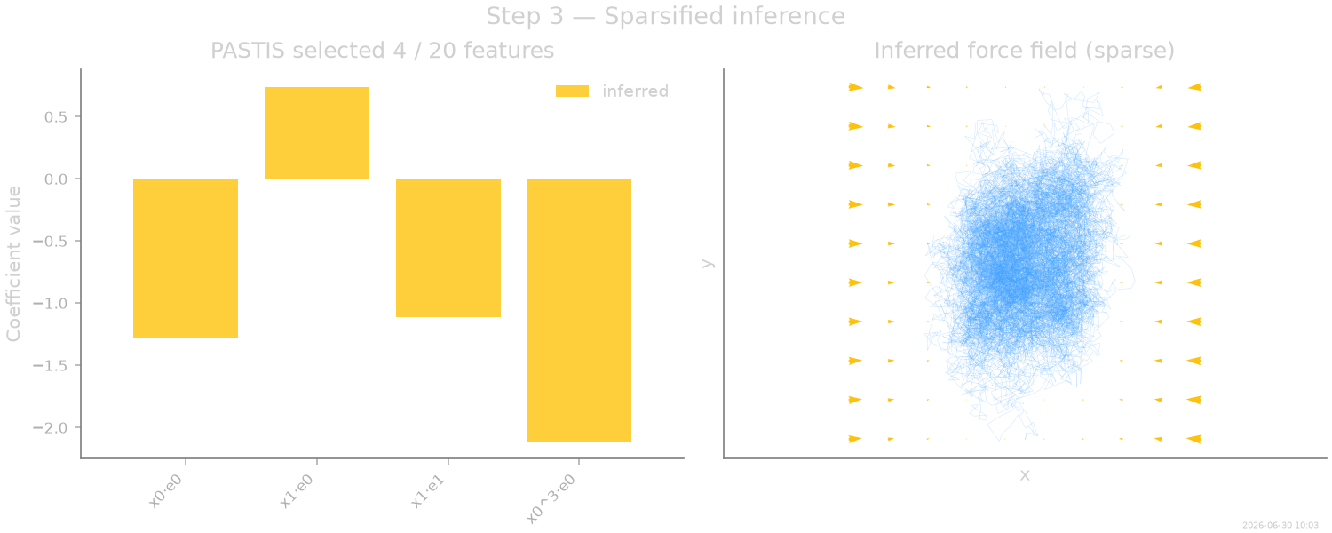 Step 3 — Sparsified inference, PASTIS selected 4 / 20 features, Inferred force field (sparse)